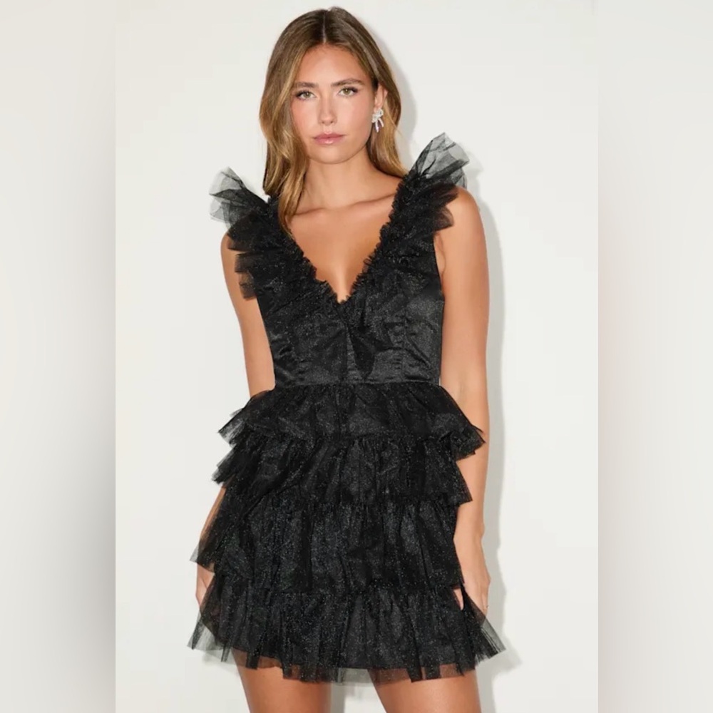 Lulu's Striking Sensation Black Tulle Tiered Ruffled Mini Dress